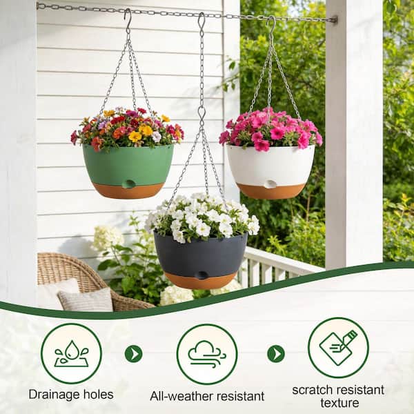 SpassWay 9.5 in. x 5.9 in. Plastic Bowl Self-Watering Hanging Planter with Water Reservoir Drainage System (3-Pack)
