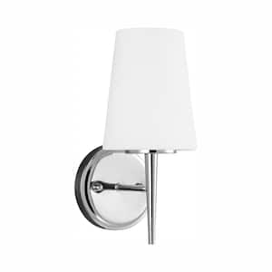 Driscoll 5 in. 1-Light Contemporary Modern Chrome Wall Sconce Bathroom Vanity Light with Etched White Glass and LED Bulb
