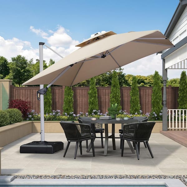 PURPLE LEAF 10 ft. Square High-Quality Aluminum Cantilever Polyester Outdoor Patio Umbrella with Base, Beige