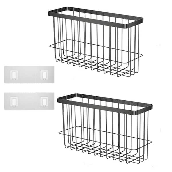 2-Piece Black Self Adhesive Wall Mounted Multi-Purpose Storage Box Pantry Organizer with No-Drill Installation