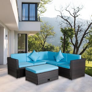 Outdoor Brown 4-Piece Wicker Patio Conversation Seating Set with Blue Cushions