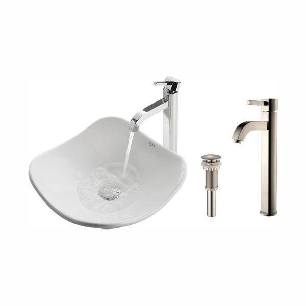 KRAUS Tulip Ceramic Vessel Sink in White with Ramus Faucet in Satin Nickel