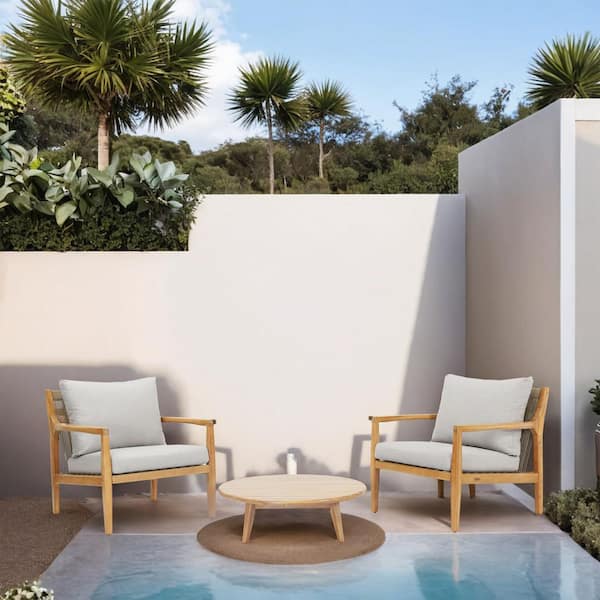Spring 3-Piece Acacia Wood Patio Conversation Set With Gray Cushions