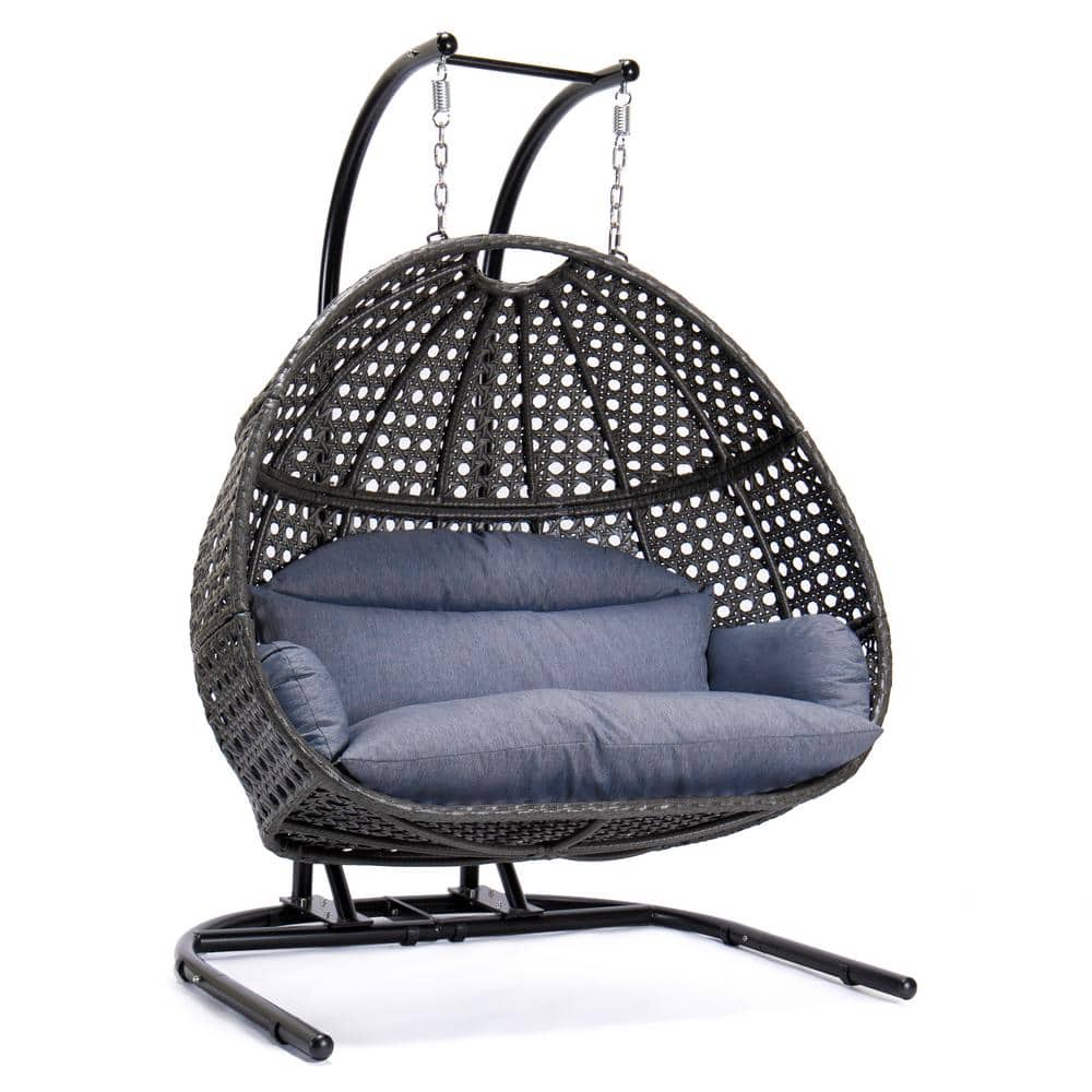 Wicker Hanging Double-Seat Patio Swing with Dust Blue Cushion