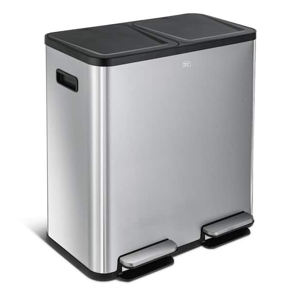 21 Gal. Large Stainless Steel Dual Compartment Kitchen Step Trash Can with Dual Soft-Close Lids, Silver