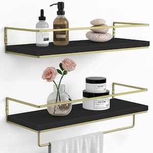 6 in. W x 16 in. D x 3 in. Black/Gold Wood Floating Decorative Wall Shelf Set of 2