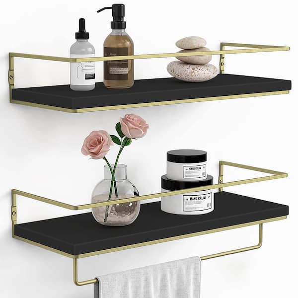 Unbranded 6 in. W x 16 in. D x 3 in. Black/Gold Wood Floating Decorative Wall Shelf Set of 2