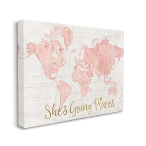 "She's Going Places Quote Pink World Map" by Sue Schlabach Unframed Travel Canvas Wall Art Print 16 in. x 20 in.