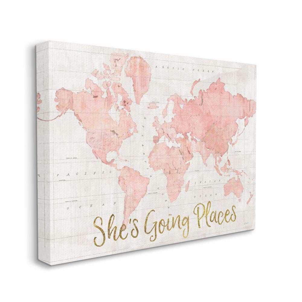 Stupell Industries She's Going places Quote Pink Watercolor World Map Canvas Wall Art - 30 x 40