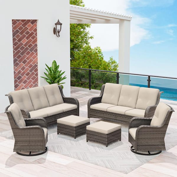MeetLeisure Brown 6-Piece Wicker Patio Conversation Set Rattan Seating Set with Beige Cushion