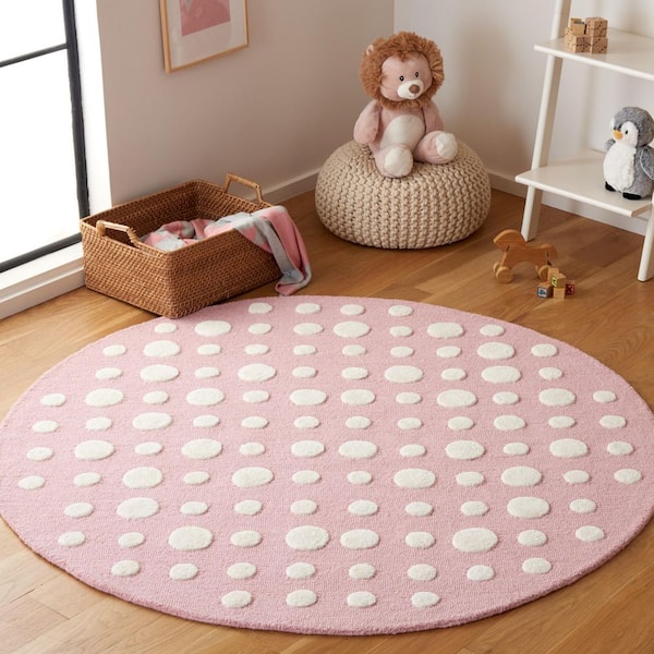 Kids 5 ft. x 5 ft. Pink/Ivory Abstract Polka-Dot Round Area Rug