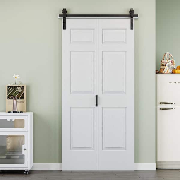 40 in. x 84 in. 6 Panel Bi-Fold Barn Door White Primed MDF Sliding Barn Door with Hardware Kit for Bathroom