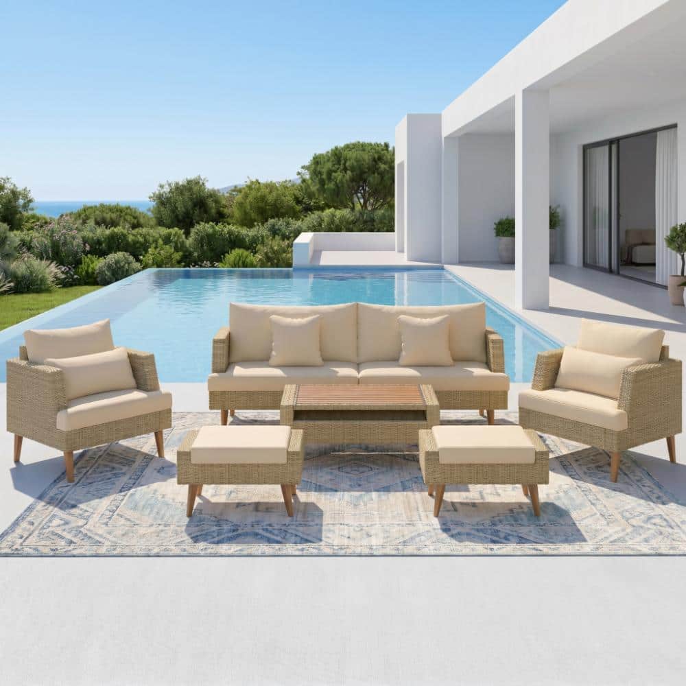 6-Piece Brown Wicker Outdoor Patio Conservation Sectional Sofa Set with Removable Brown Cushion and 4 Pillows price history on PriceWatchPro