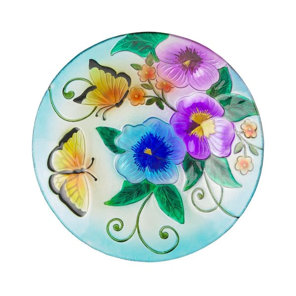 18 in. Glass Birdbath Topper with Colorful Butterfly and Flowers