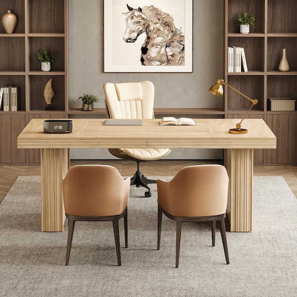 BYBLIGHT Moronia 63 in. Rectangle Natural Wood Executive Desk with