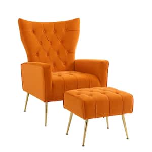 Orange Velvet Accent Chair with Ottoman Modern Upholstered Modern Single Sofa Side Chair Comfy Barrel Club Armchair