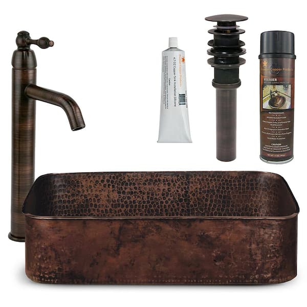 Premier Copper Products All-in-One Rectangle 19 in. Hand Forged Old World Copper Tub Vessel Sink and Faucet in Oil Rubbed Bronze