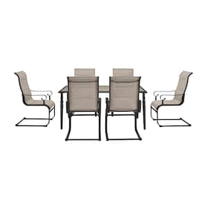 Glenridge Falls 7-Piece Metal Outdoor Dining Set with Wood Finish Table and Rocking Sling Chairs in Putty