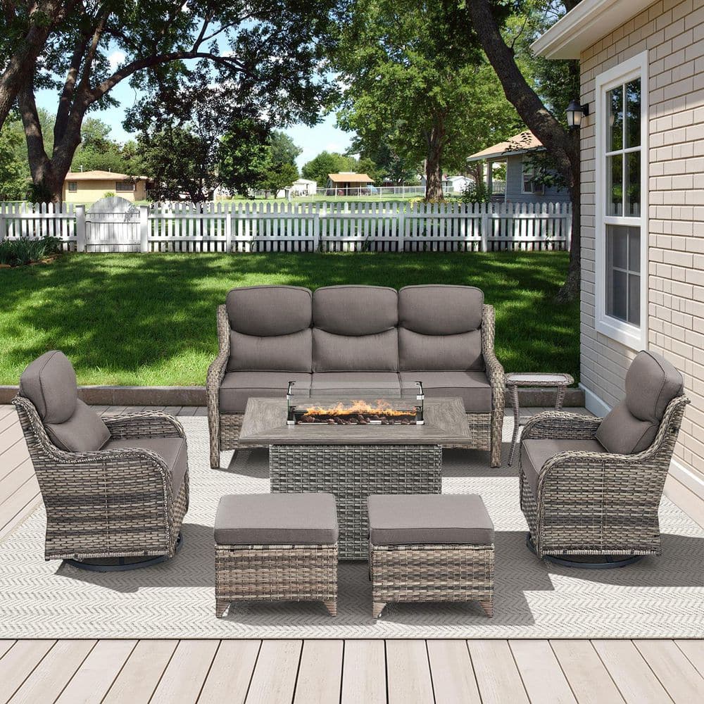 Arcadia Gray 7-Piece Wicker Outdoor Patio Fire Pit Deep Seating Set with 6 in. Thick Gray Cushions price history on PriceWatchPro