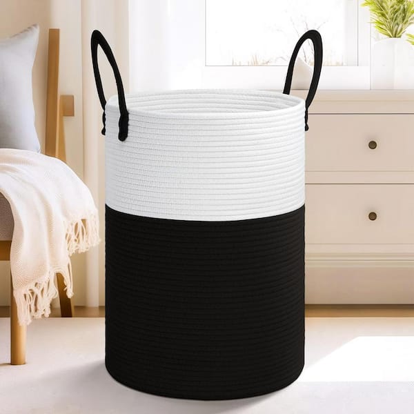 A Black 60L Woven Fabric Rope Modern Round Laundry Room Hamper