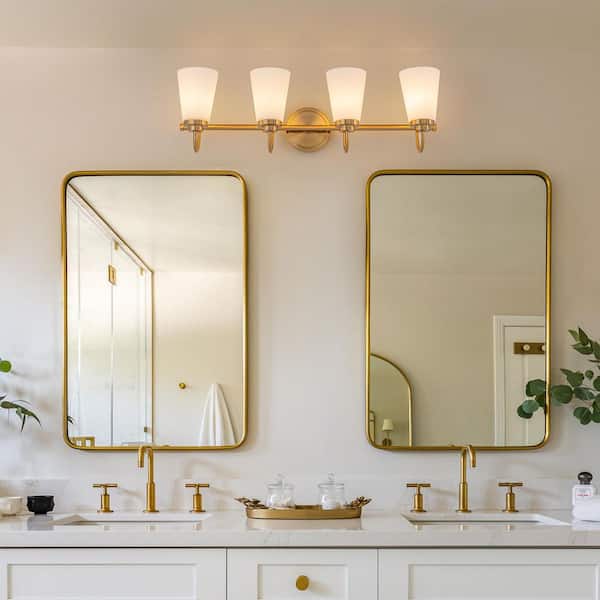 Aria 28 in. 4-Light Gold Bathroom Vanity Light with Cone Glass Shape