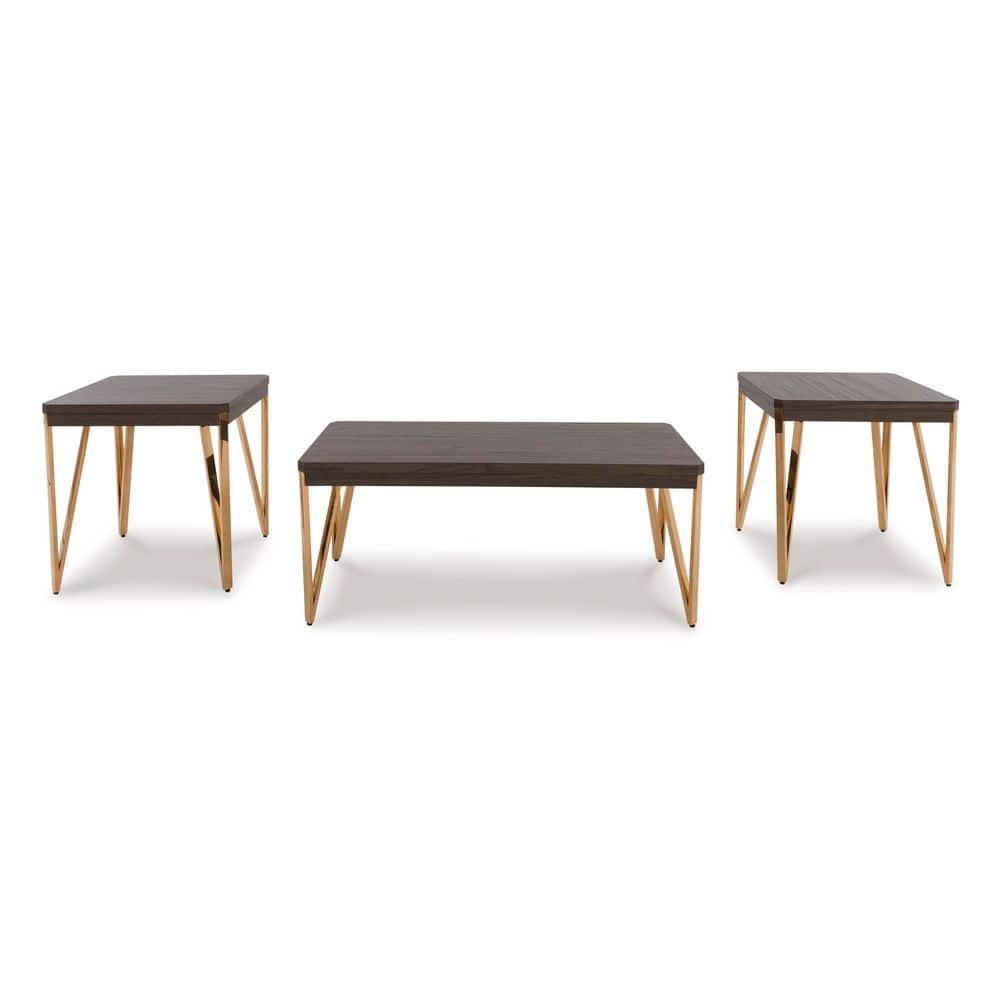 Dark Brown and Gold Rectangular Coffee and End Table Set