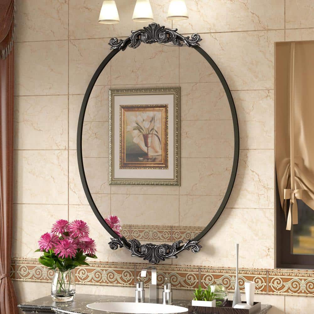 28 in. W x 40 in. H Oval Aluminum Alloy Framed French Cleat Mounted Baroque Wall Decor Bathroom Vanity Mirror in Black price history on PriceWatchPro
