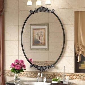 28 in. W x 40 in. H Oval Aluminum Alloy Framed French Cleat Mounted Baroque Wall Decor Bathroom Vanity Mirror in Black