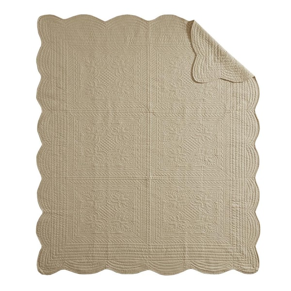 Vsmile 60 in. W x 72 in. H Khaki Oversized Quilted Throw Blanket with Scalloped Edges
