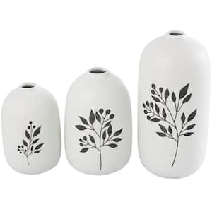 White Ceramic Decorative Vase with Black Leaf and Berry Prints (Set of 3)