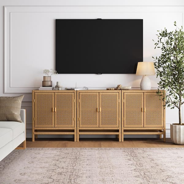 Nathan James Tanner Boho Bamboo Rattan 37 in. TV Stand or Accent Cabinet, Rattan Storage Cabinet w/ Solid Wood Legs, Set of 3