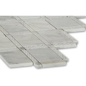 Grand Textured White Carrera 11 in. x 12 in. x 10 mm Polished Marble Mosaic Tile