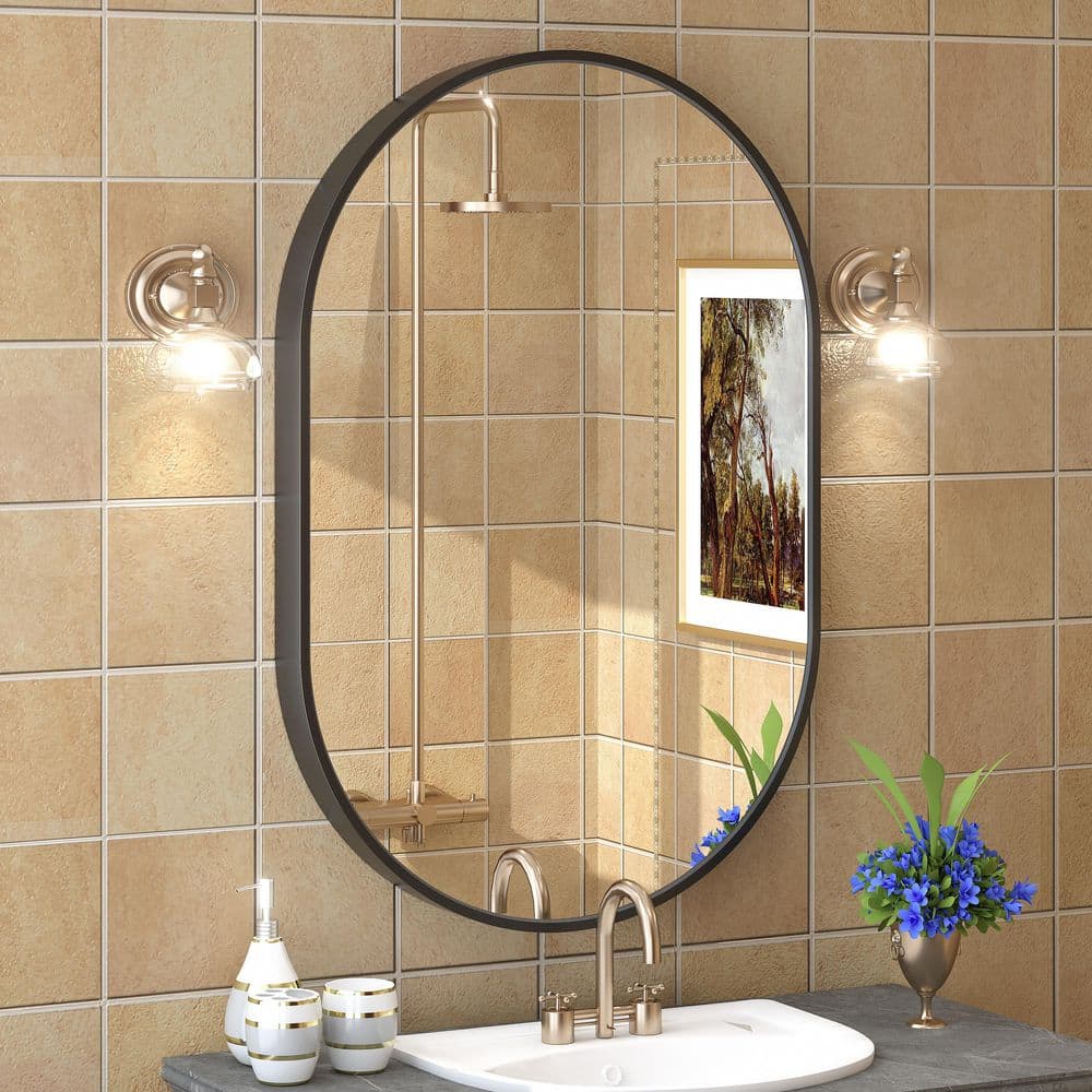 24 in. W x 36 in. H Oval Aluminum Alloy Framed and Tempered Glass Wall Decor Bathroom Vanity Mirror in Matte Black price history on PriceWatchPro
