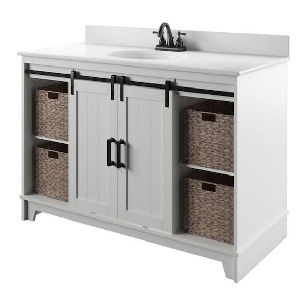 49 in. W x 22 in. D x 37.9 in. H Barn Door Single Bathroom Vanity Side Cabinet in White with White Marble Top