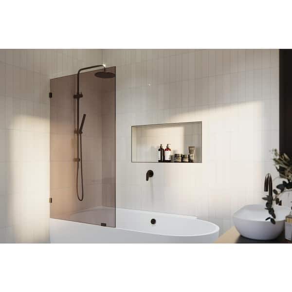 Glass Warehouse Ursa 34 in. W x 58.25 in. H Single Fixed Panel Frameless Bathtub Door in Oil Rubbed Bronze with Tinted Tempered Glass
