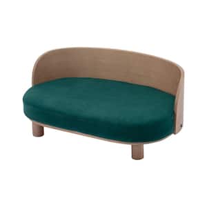 Scandinavian Style Elevated Dog Bed Pet Sofa With Solid Wood legs and Bent Wood Back Velvet Cushion Walnut in Dark Green