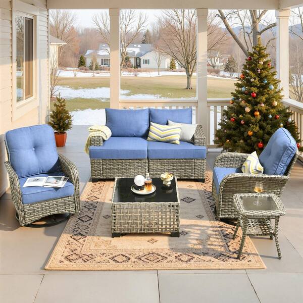 Toject Torino Gray 6-Piece Modern Wicker Patio Conversation Deep Seating Set with Swivel Rocking Chairs and Blue Cushions