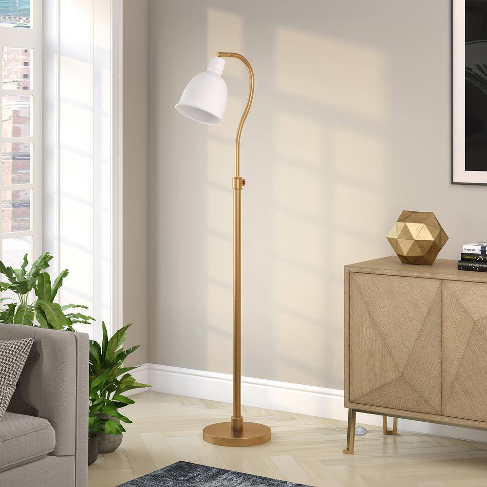 Adjustable Brass Finish Arc Floor Lamp with Matte White Shade