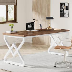 Halseey 63 in. Rectangular Brown with White Wood Computer Desk with Metal Legs, Home Office Executive Desk Workstation