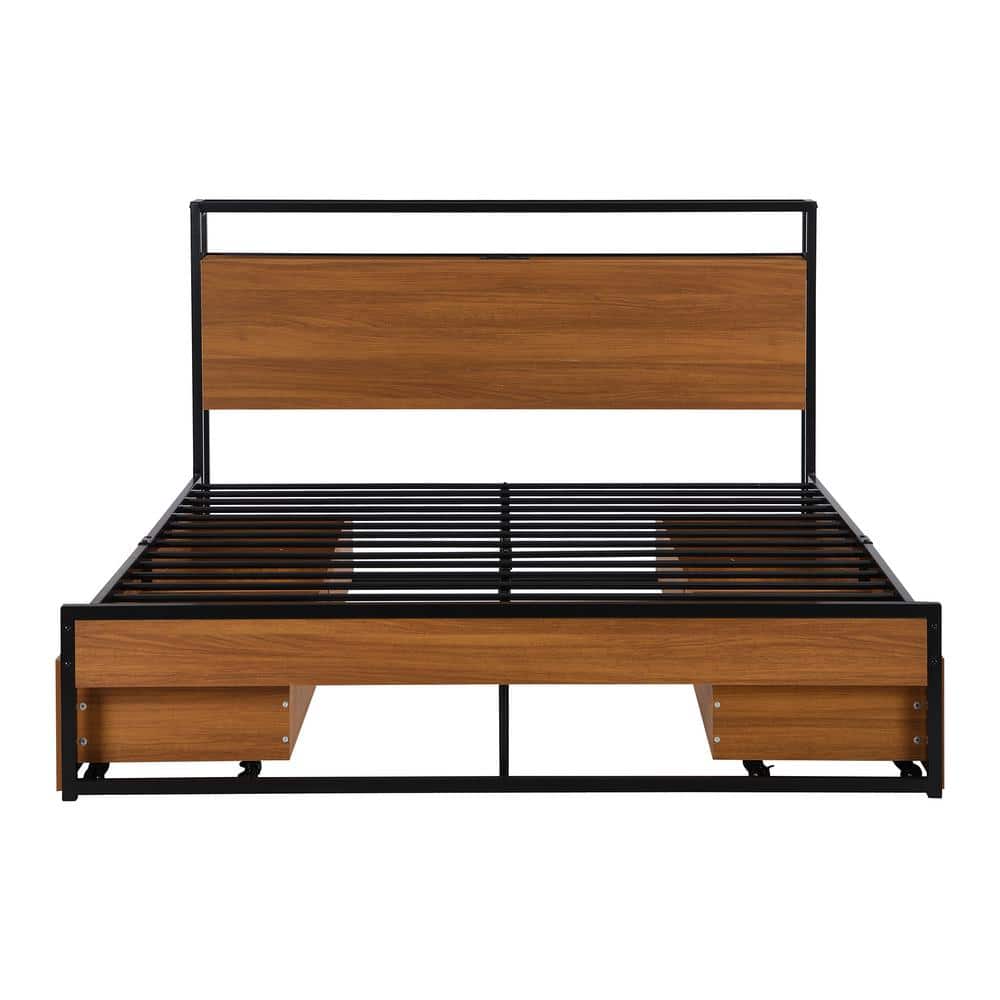 ATHMILE Black Queen Size Metal Platform Bed Frame with Four Drawers