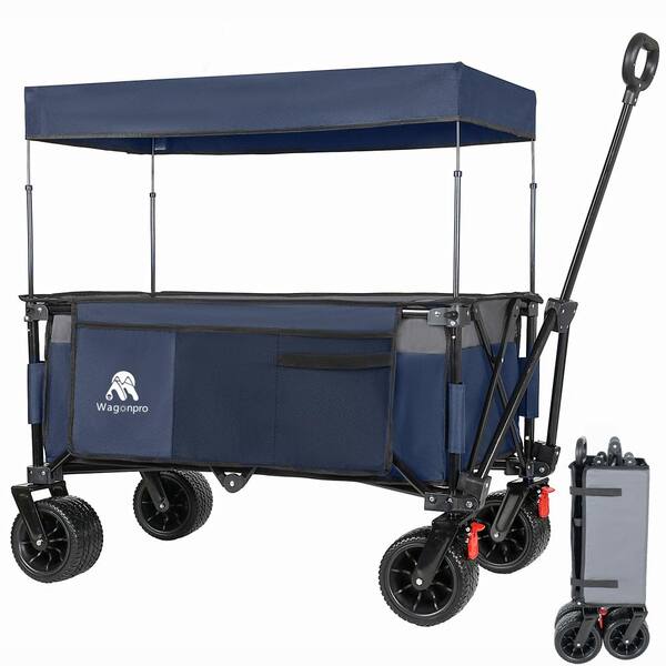 4 cu. ft. Steel Garden Cart Multi-Functional Pull Folding Wagon with Flexible Handle & Canopy Capacity 500lbs, Blue Gray