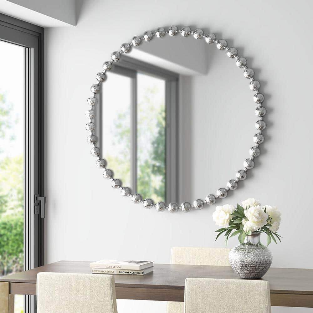 Marlowe Beaded 36" Silver Metallic Round Wall Mirror