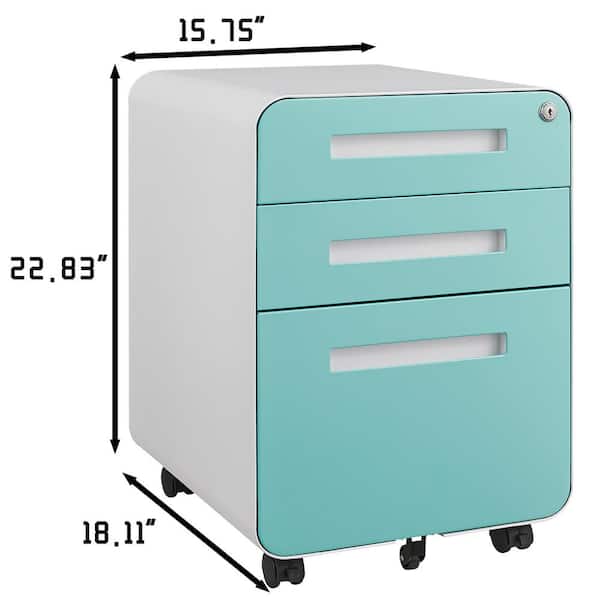 Unbranded 3 Drawer Light Blue Metal 15.8 in. W Lateral File Cabinet with lock fully Assembled Rolling File Cabinets w 5 Wheel P967 ZTW1247