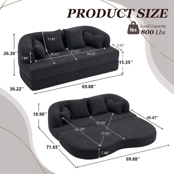 HOMEFUN 70 in. 2-in-1 Black Chenille Foldable Boneless Twin Size