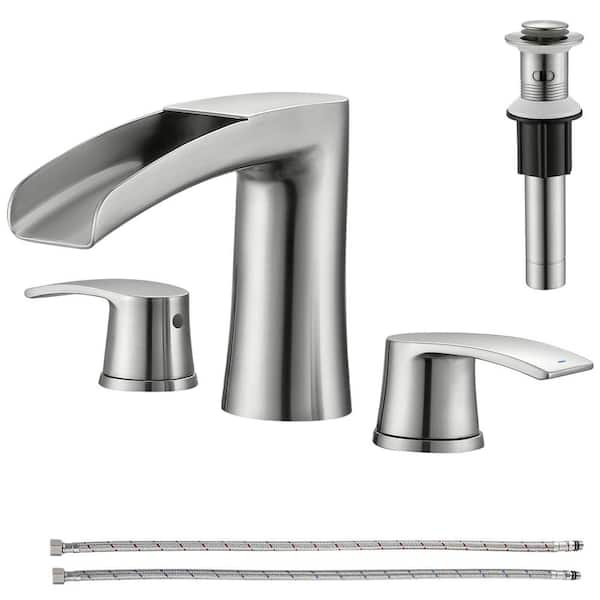 8 in. Widespread Double Handles Waterfall Spout Bathroom Sink Faucet with Pop Up Drain in Brushed Nickel