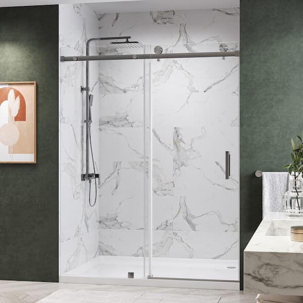 Kobiworks Serenity 72 in. W x 76 in. H Single Sliding Frameless Shower Door in Brushed Nickel with 3/8 in. Clear Glass