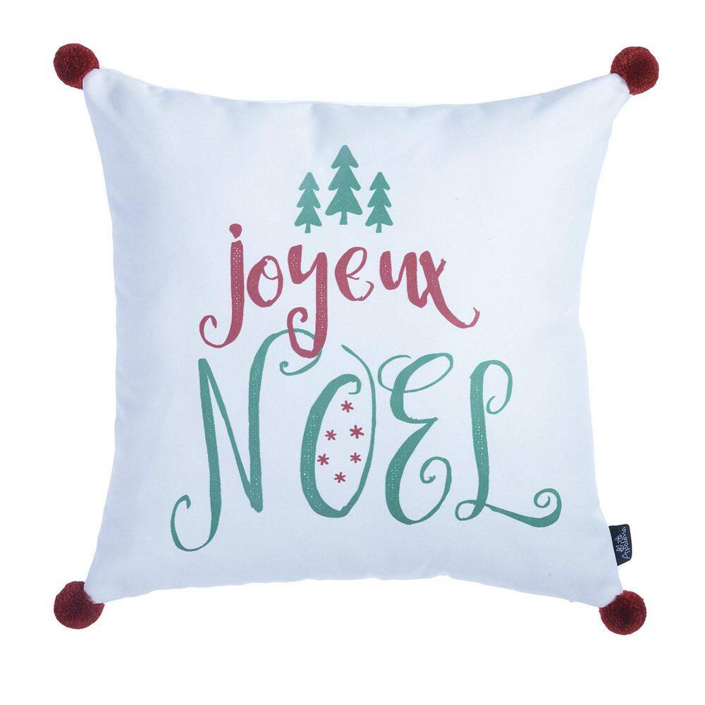 Christmas Joyeux Noel White and Red Throw Pillow Cover with Pompoms
