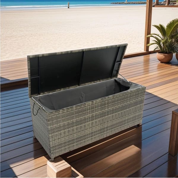 113 Gal. Gray Rattan Outdoor Storage Bench with Lid