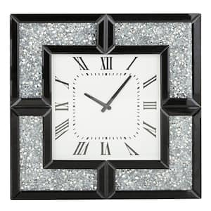 20 in. x 20 in. Black Glass Mirrored Wall Clock with Floating Crystals