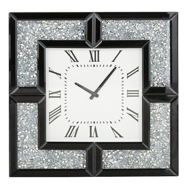 Litton Lane Black Glass Mirrored Wall Clock with Floating Crystals